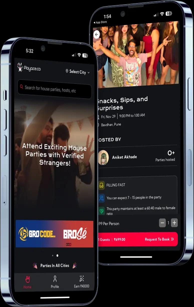 UI/UX design of Playace mobile app showing party listing page and detailed event page for seamless user experience
