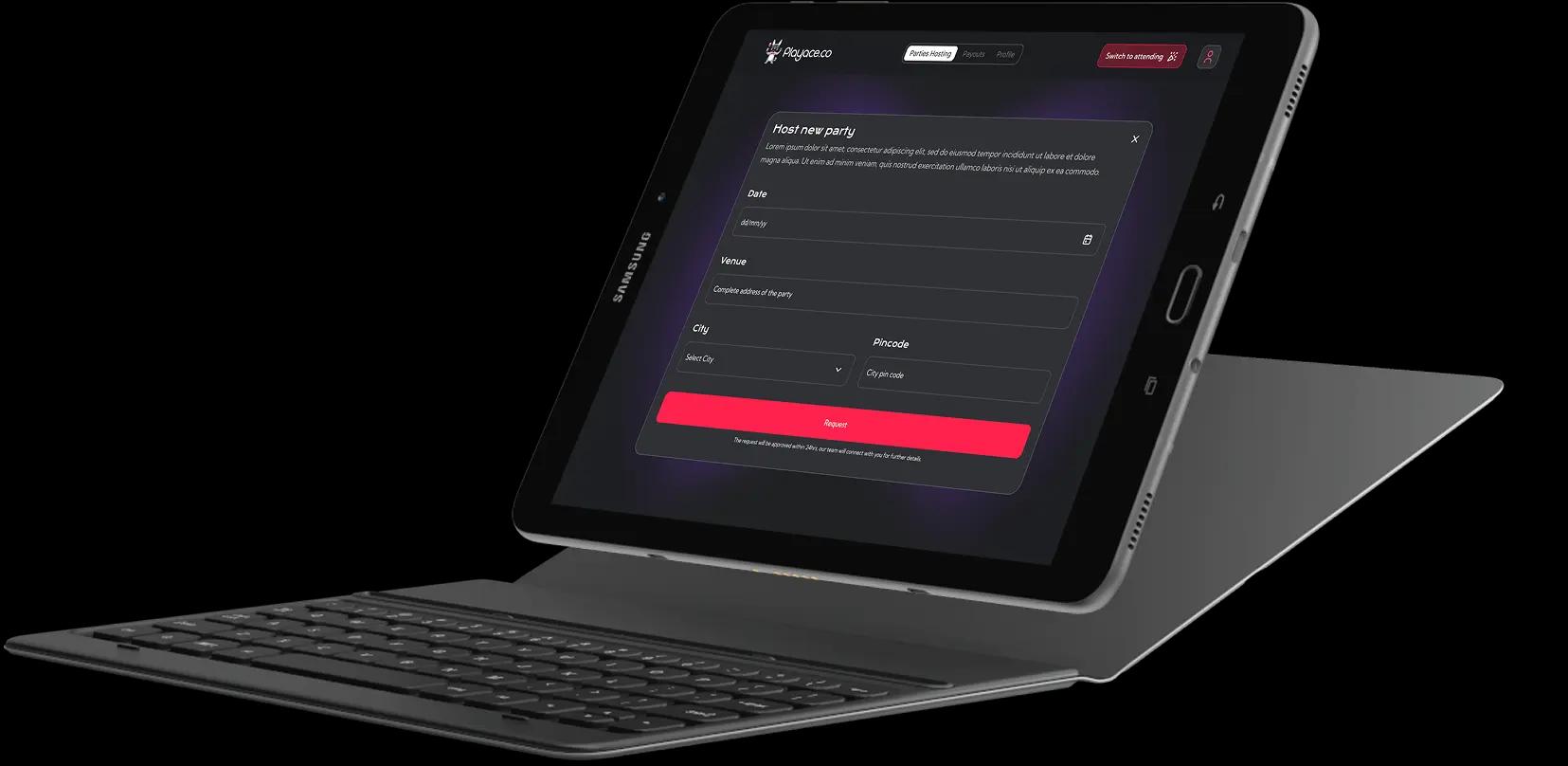 UI/UX design of Playace mobile app showing party admin page and detailed event page for seamless user experience