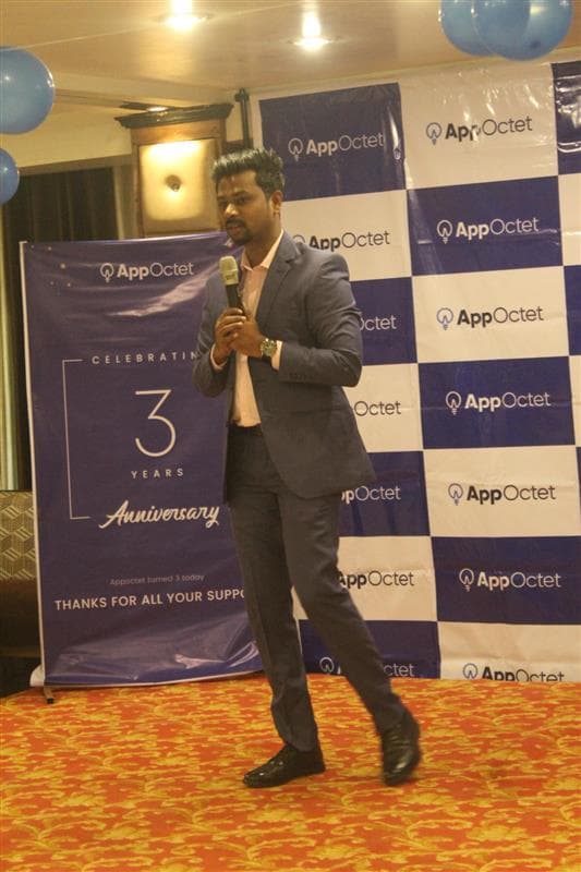 Srinivas giving speech at AppOctet's 3 year Anniversary